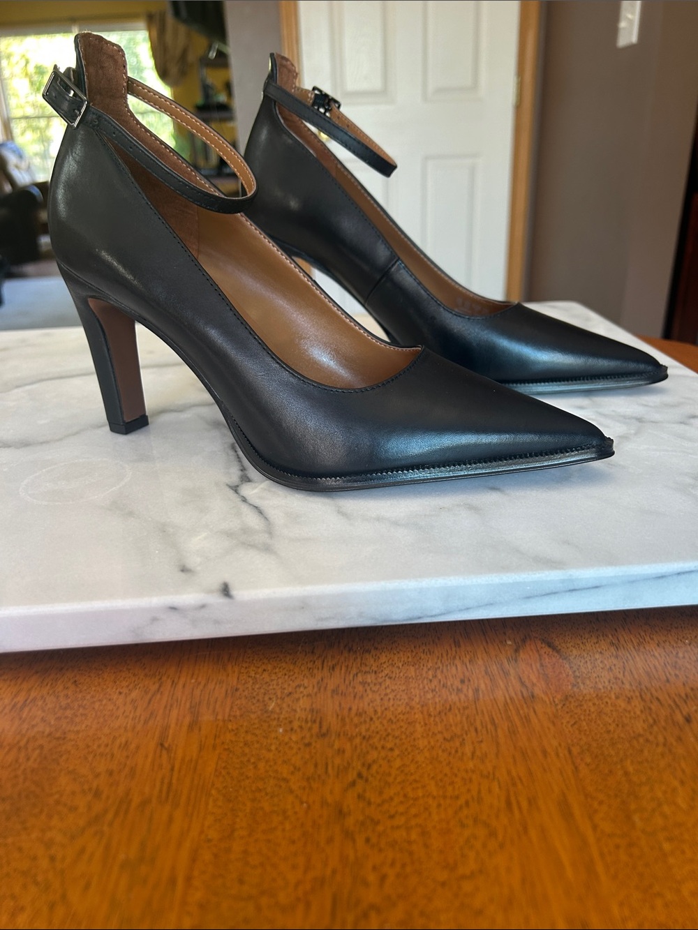 Franco Sarto Black Pointed-Toe Ankle-Strap Pumps with Block Heel